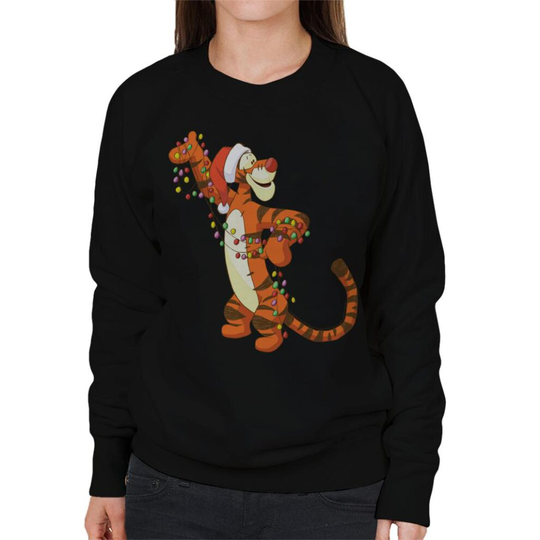 (XL, Black) Disney Christmas Tigger Holding Festive Lights Women's Sweatshirt
