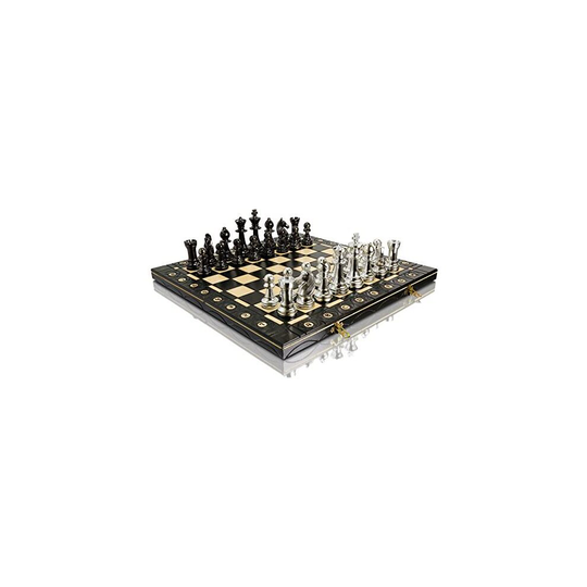 GOLDEN & SILVER STAUNTON 40cm / 16in Metalized Plastic Staunton No.5 Figures Chess Set, Wooden Chessboard, Metal Loaded, Chess Game... (Silver)