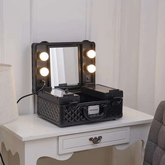 Living and Home Makeup Cosmetic Travel Suitcase Table LED Lighted Mirror, Black
