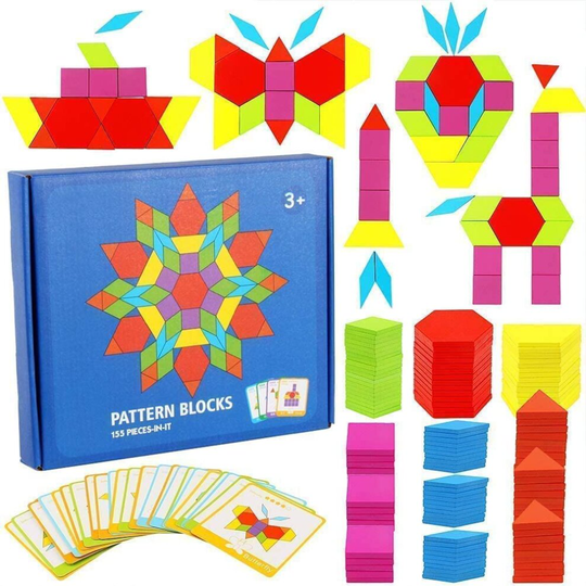 155Pcs Wooden Pattern Blocks Set Educational Montessori Tangram Toys