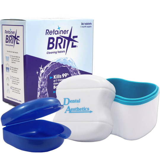 (Blue) Retainer Brite, Cleaner Bath & Case ~ Cleaning Tablets, Storage Case and Soaking Container