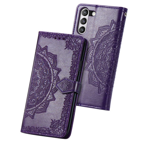 Samsung Galaxy S21 FE Case Mandala Flip Wallet Cover TPU Magnetic Purple