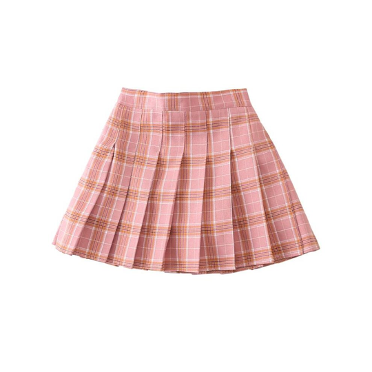 (1# Pink Plaid, 170cm / Age 15-16 Years) Girls High Waisted Pleated Zip Tennis Style Skater Mini Skirt (Kids)