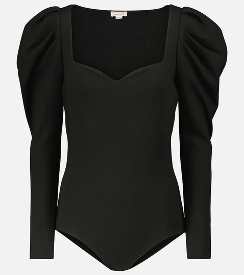 Puff-sleeve stretch-jersey knit bodysuit
