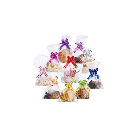 100PCS Clear Cellophane Treat Bags 6" X 10" AUERVO Clear Resealable Flat Cello Bags Sweet Party Gift Bags OPP Plastic Bag with 100PCS Mix Colors Pull