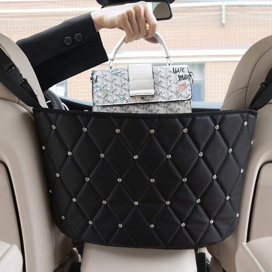 Car Storage Bag Between Seats Leather + Bling Diamond Car Net Pocket