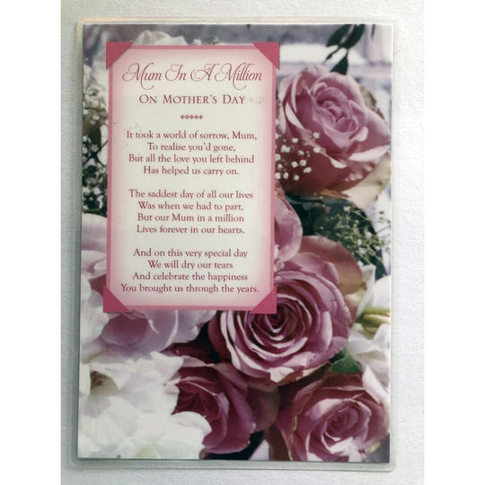 Mum In A Million On Mother's Day Poem Graveside Memorial Grave Card