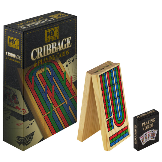 The Magic Toy Shop Traditional Wooden Cribbage Board Game Folding 3 Track 9 Pegs & Playing Cards