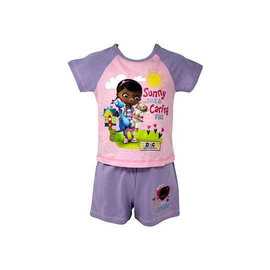 (3 - 4 Years) Officially Certified Disney Junior 'Sunny Days & Caring Ways' Girl's Kid's Shirt & Shorts Set Pyjamas in Pink Lilac