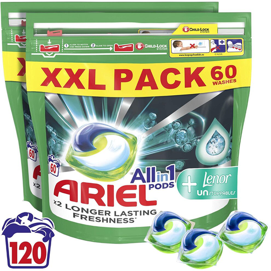 Ariel All-in-1 Pods Washing Liquid Laundry Detergent Tablets/Capsules, 120 Washes (60 x 2) with Lenor Unstoppables