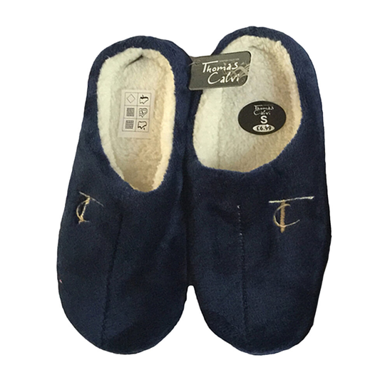 (Navy Blue, 6-7) Thomas Calvi Men's Slippers, Cozy Memory Foam Slip-On Mule, Comfy Fleece Lined Indoor Outdoor Anti Slip House Shoes, Gift for Father'