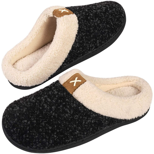 Men's Comfort Memory Foam Slippers Wool-Like Plush Fleece Lined House Shoes w/Indoor, Outdoor Anti-Skid Rubber Sole