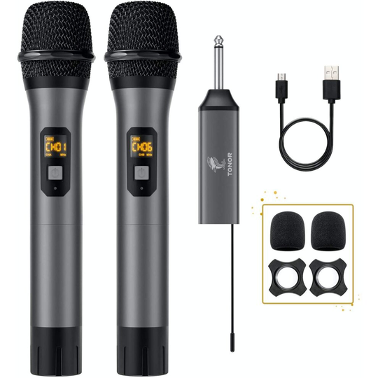 Wireless Microphone, TONOR UHF Dual Cordless Metal Dynamic Mic System with Rechargeable Receiver, for Karaoke Singing, Wedding, DJ, Party, S
