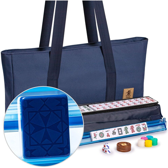Yellow Mountain Imports American Mahjong Game Set - Santorini - with Blue Soft Case, All-in-One Racks with Pushers, Dice