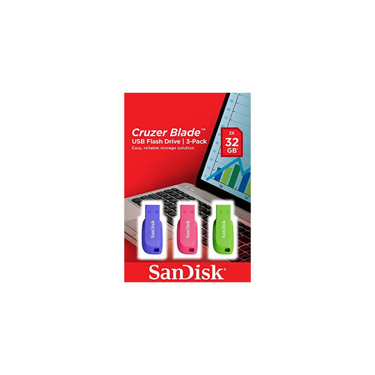 SanDisk Cruzer Blade 32Gb USB Flash Drive - 3 Pack (Red, Blue & Green)