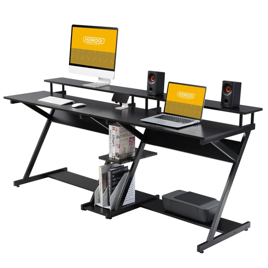 Computer Desk for Two Person Z-Shaped with Monitor Riser Storage