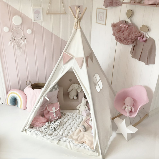 Tiny Land Kids Teepee Children Play Tent with Floor Mat & Carry Case for Indoor Outdoor, White Cotton Canvas 150 cm Tall