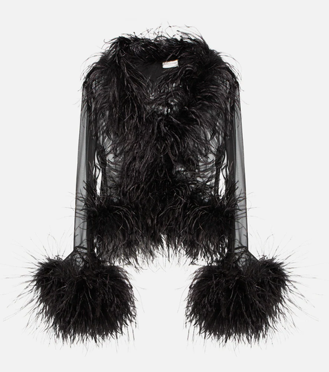 Feather-trimmed silk blouse
