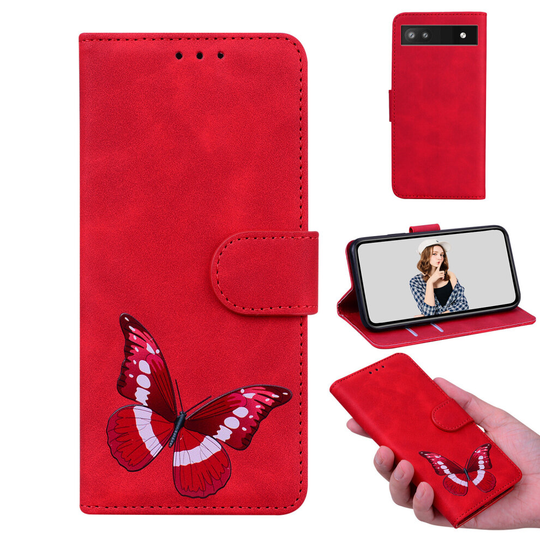 Case for Google Pixel 6a Butterfly Cover Premium Leather Magnetic- Red