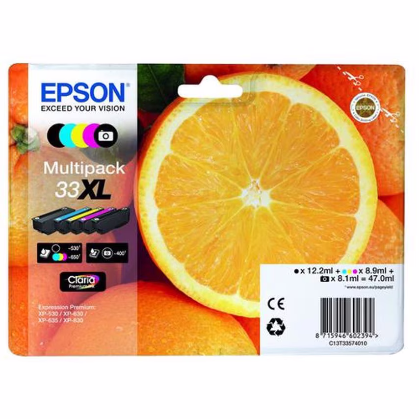 Epson Epson T33XLInkjetCart OrangeHYBlack12.ml/PhotoBlack 8.1ml/Cyan/Mag/Yellow