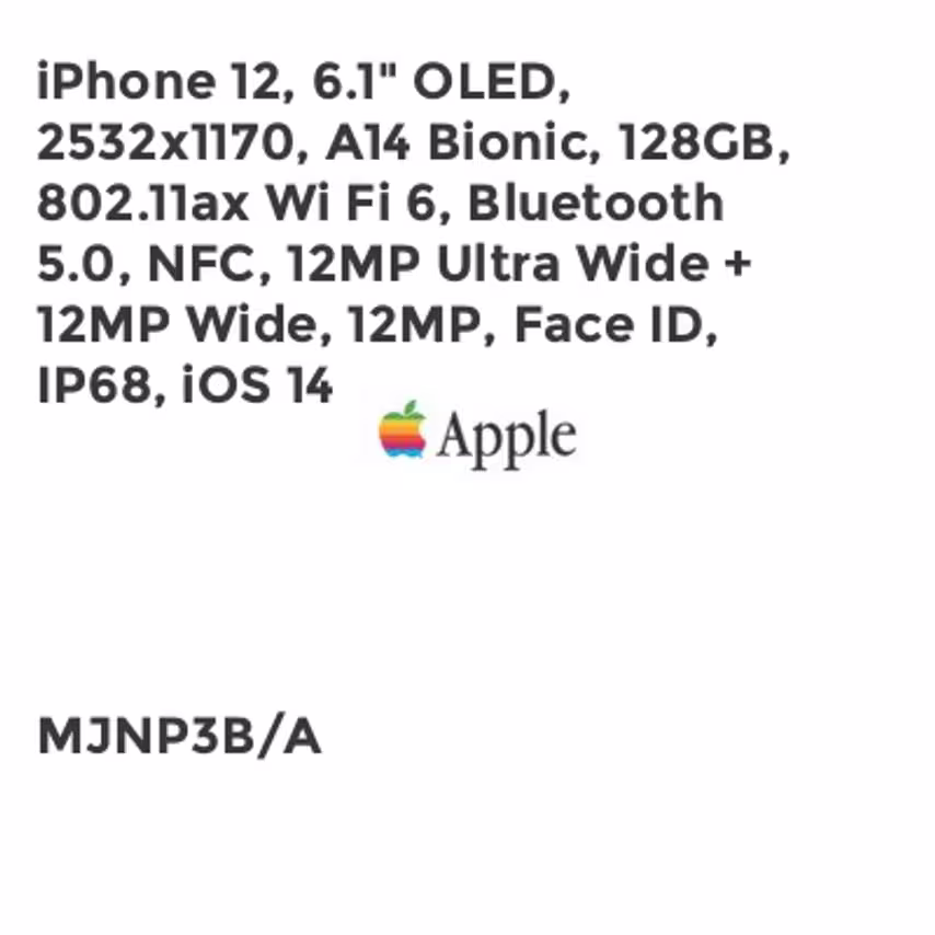 Apple iPhone 12, 6.1" OLED, 2532x1170, A14 Bionic, 128GB, 802.11ax WiFi 6, Bluet