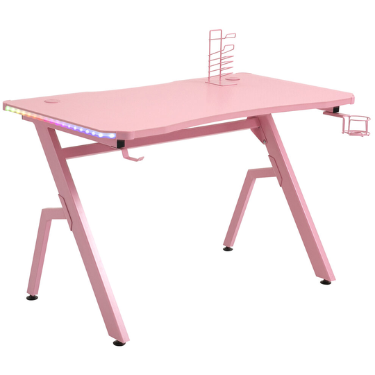 HOMCOM Ergonomic Gaming Desk w/ Hook Cup Holder LED Lights Pink