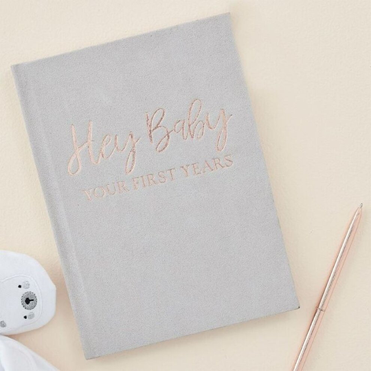 Rose Gold Grey Hey Baby First Years Journal Book, Baby Shower Gift, Christening Gift, New Baby Gift, Baby Shower Keepsake, Baby In Bloom
