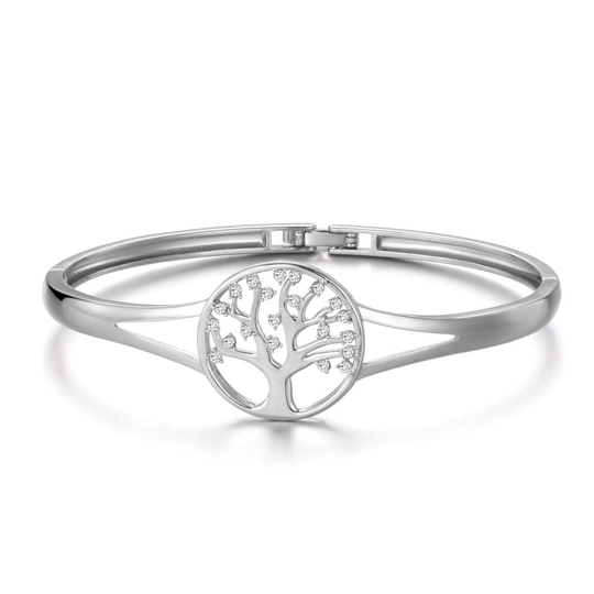 Silver Plated Tree of Life Cuff Bangle Created with Swarovski Crystals