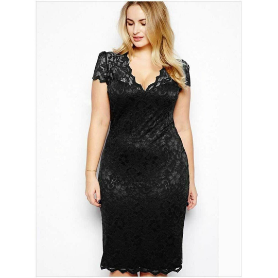 (Black, L / UK Size 10) Women's Plus Size Midi V-Neck Floral Lace Bodycon Pencil Party Dress
