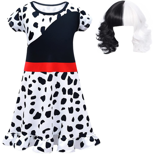 (7-8 Years, Style2/Wig) Jurebecia Girls Cruella Deville Costume Dress up Kids Dalmatian Black White Fancy Dress Childs Halloween Cosplay Birthday Pa