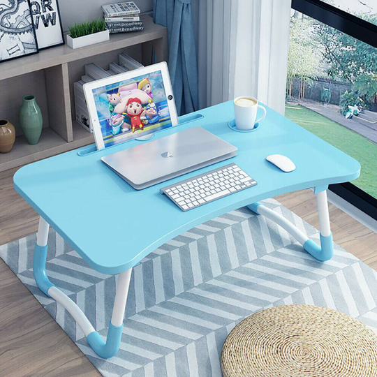 (Blue) Laptop Desk Laptop Bed Tray Table Large Foldable Laptop Notebook Stand Desk with Ipad and Cup Holder