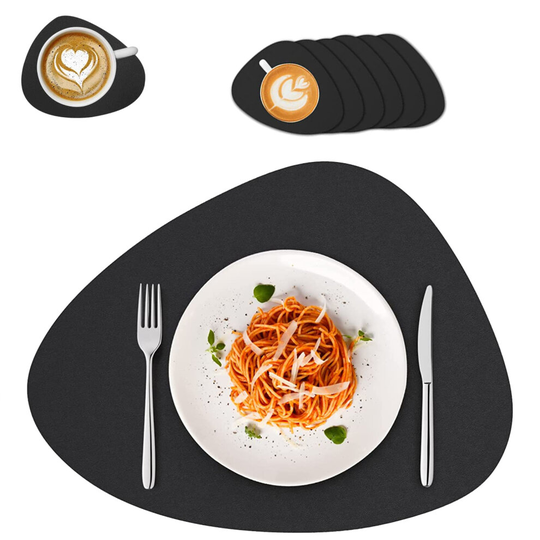 Black Placemats and Coaster Sets of 6 PU Leather Table Mat Non-slip