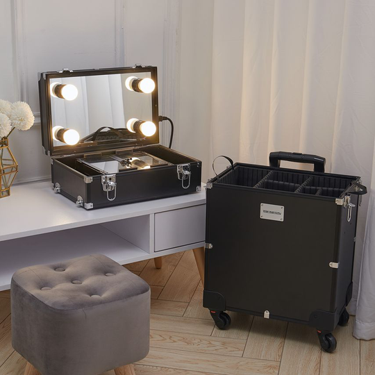 Living and Home Rolling Makeup Case Storage Box Trolley with 4 LED Bulbs Mirror