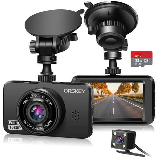 ORSKEY Dash Cam for Cars Front and Rear and SD Card Included 1080P Full HD In Car Camera Dual Lens Dashcam for Cars 170 Wide Angle Sony Sens