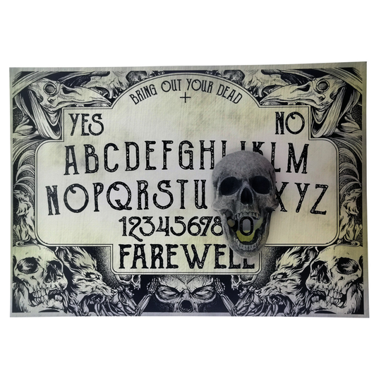 A4 Sized Wooden Plague Ouija Board Set Complete with Screaming Skull Planchette