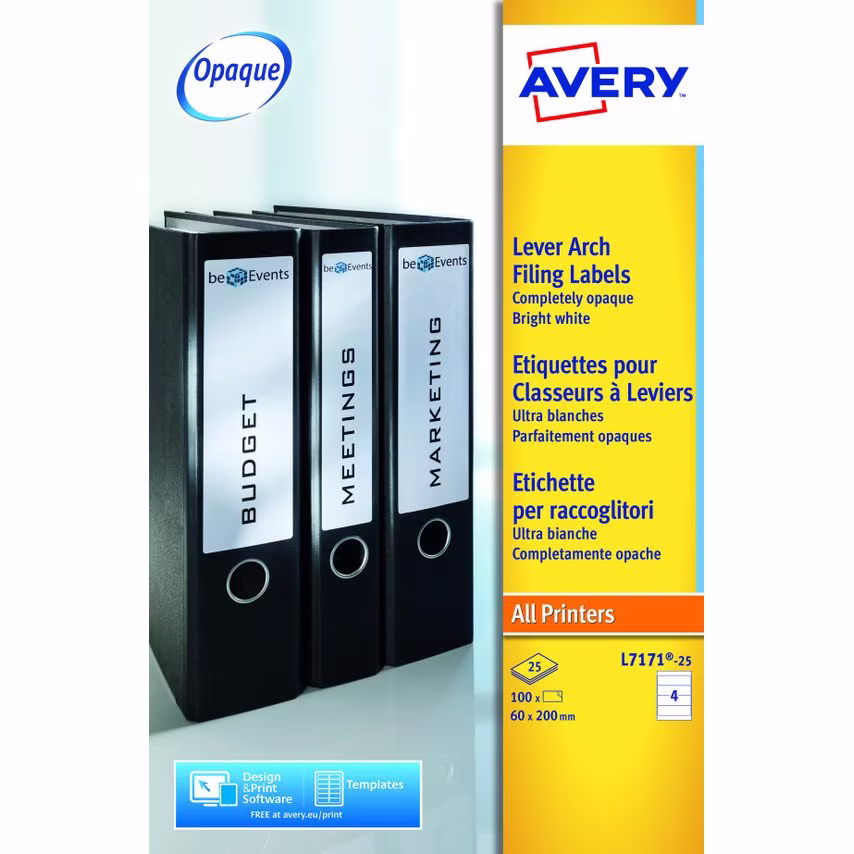 Avery Avery Laser Filing Label Lever Arch File 200x60mm 4 Per A4 Sheet White (Pa