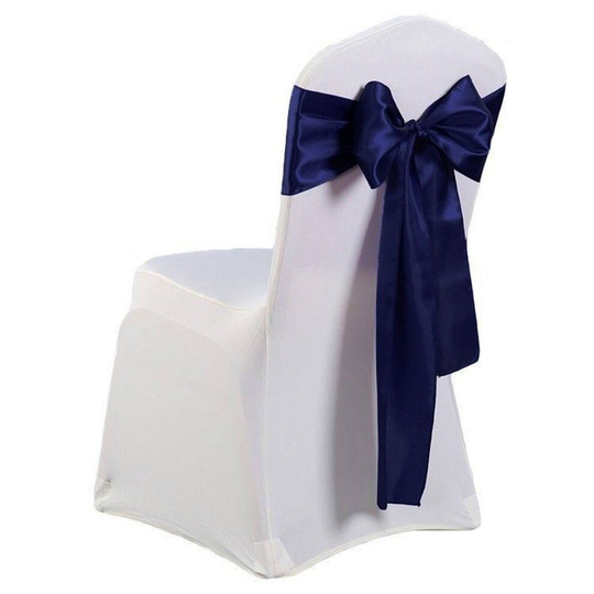 (Navy Blue) Satin Chair Cover Sashes Fuller Bow Ribbon Wedding Banquet Party Décor 10 Pcs