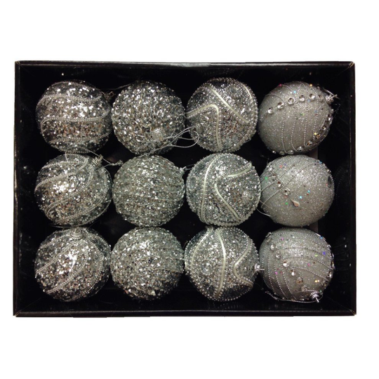 Snow White Branded Pack of 12 Deluxe Silver 8cm Christmas Tree Baubles