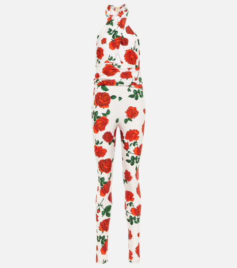 Cutout floral jersey jumpsuit