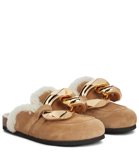 Embellished shearing and suede slippers