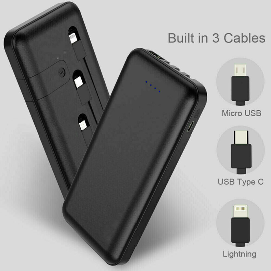 Portable 30000mah Power Bank Battery Charger Built in USB Type C Cable