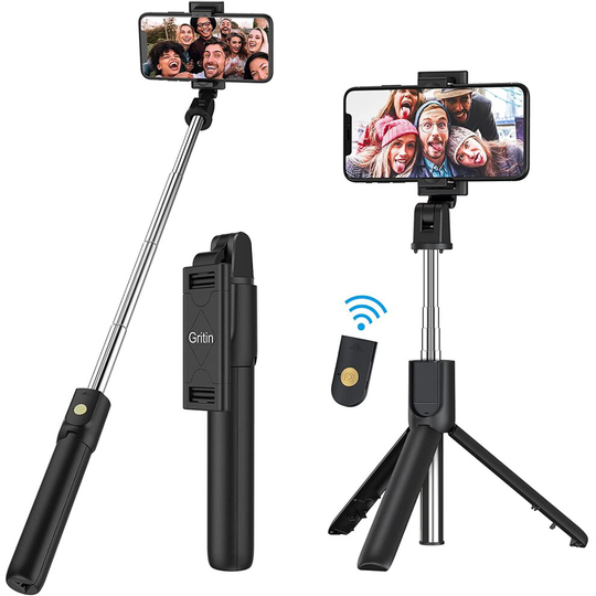 Gritin Selfie Stick, 3 in 1 Bluetooth Selfie Stick Tripod, Extendable and Portable Selfie Stick with Detachable Wireless Remote & Stable Tripod Stand,