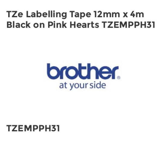 Brother TZe Labelling Tape 12mm x 4m Black on Pink Hearts TZEMPPH31