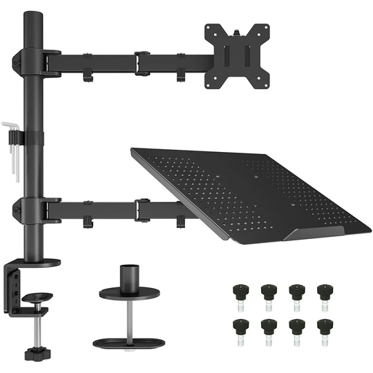 BONTEC Monitor Arm Mount with Laptop Tray for 13 to 27 inch LCD LED Screen & up to 15.6 inch Notebook,Tilt Rotation Swivel Ergonomic Desk St
