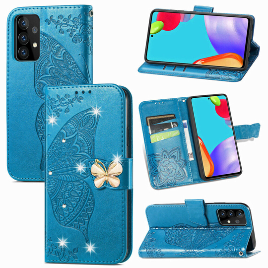 Samsung Galaxy A52 5G Folio Diamond Case Cover with Butterfly Print and Stand -Blue