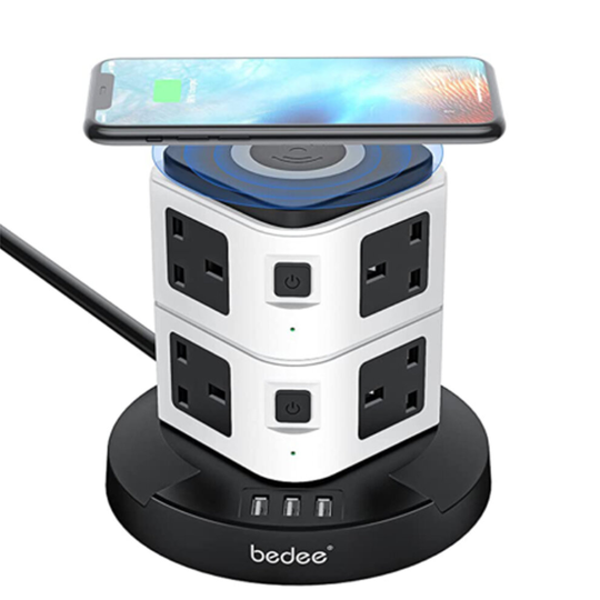 Tower Extension Lead Power Strip 8 Way + 3 USB with Wireless Charger