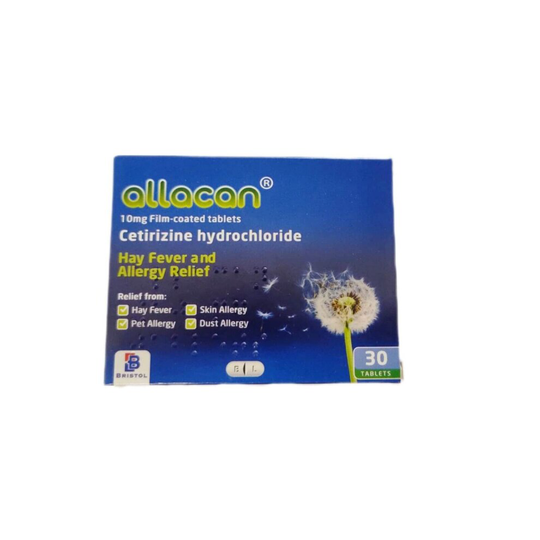 Allacan Cetirizine Hydrochloride Hayfever Allergy 10mg 30 Tablets