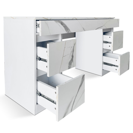 ((White + White Marble)) Computer Desk With 5 Drawer Vanity Dressing Table Home Office Laptop PC Table