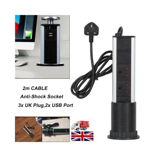 3 POWER POP UP PULL UP KITCHEN WORKTOP SOCKETS PLUG 2 USB Ports Exte