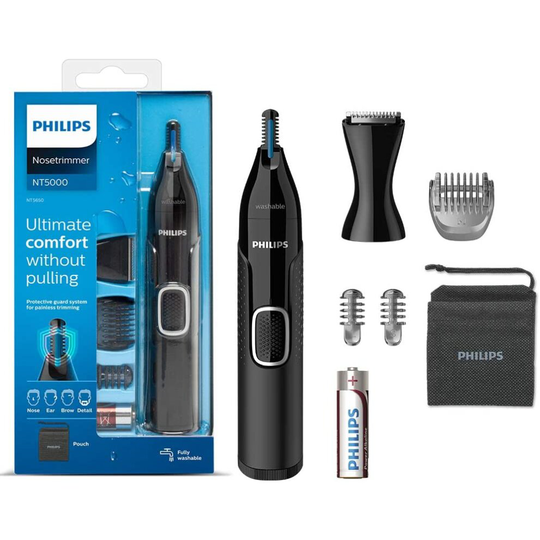 Philips Series 5000 Battery-Operated Nose, Ear and Eyebrow Trimmer with Detail Trimmer attachment - Showerproof, No Pulling Guaranteed, 100 Percent Co